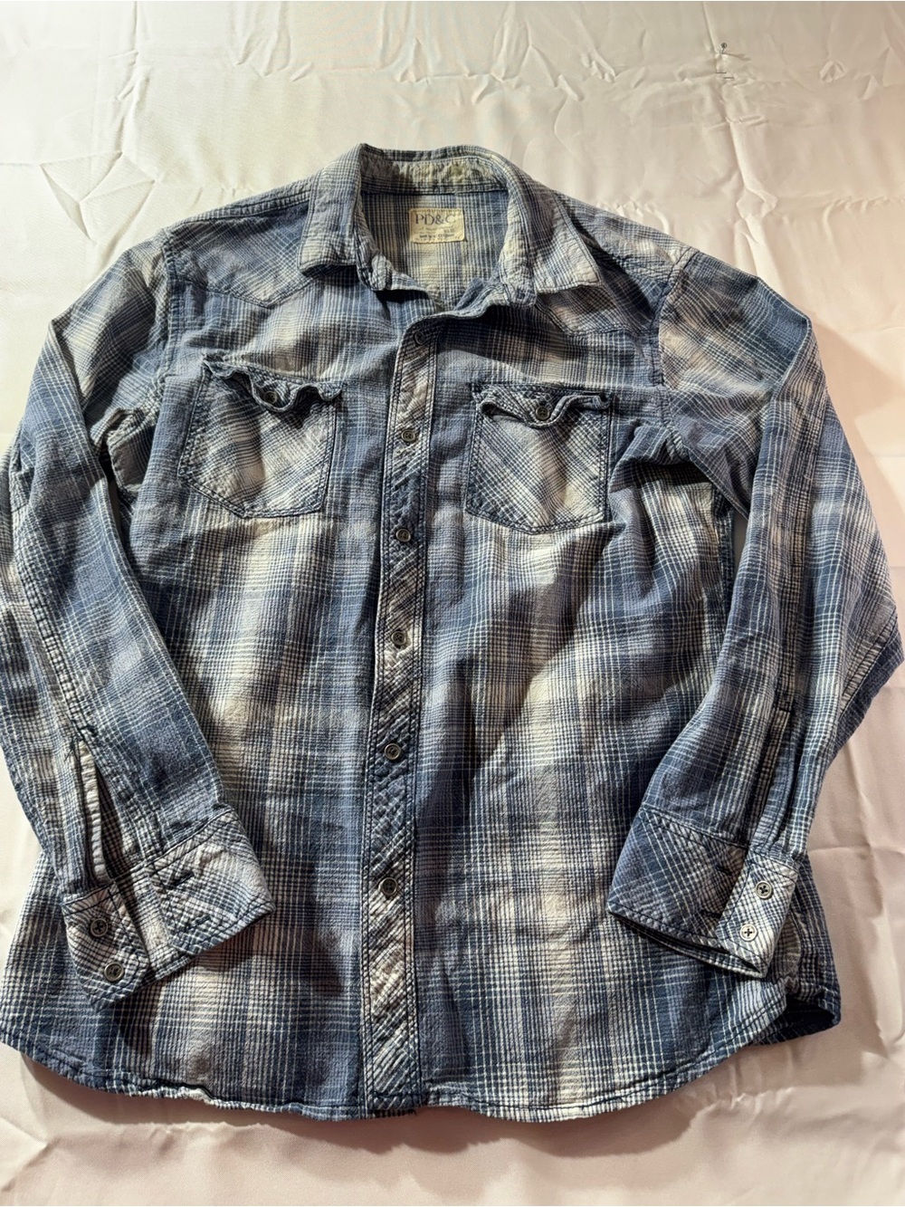 PD&C Men's Large Faded Blue Plaid Button-Down Shirt 100% Cotton